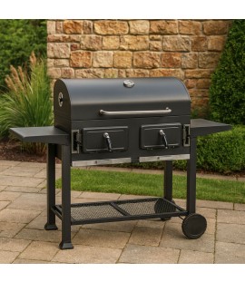 Vista ambientata BBQ Barbecue a carbonella con brace regolabile e ruote modello Beppe Grill Totò Piccinni