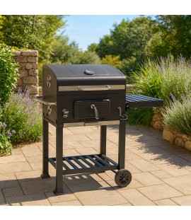 Vista ambientata BBQ Barbecue a carbonella con brace regolabile e ruote modello Diablo New Totò Piccinni