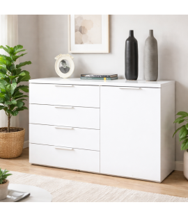 Vista ambientata Mobile contenitore in legno con 1 anta e 4 cassetti colore "bianco laccato" modello Orbis totò Piccinni