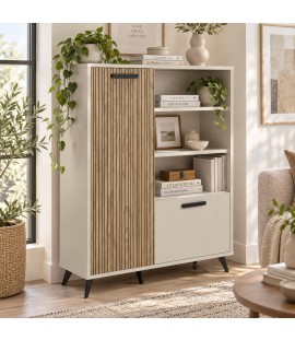 Vista ambientata Libreria in legno colore "Cannettato/Cashmere" con 2 ante e 3 vani modello Zefiro Totò Piccinni