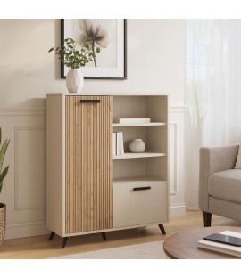 Vista ambientata Libreria in legno colore "Cannettato/Cashmere" con 2 ante e 3 vani modello Zefiro Totò Piccinni