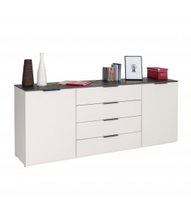 Vista diagonale Base in legno colore "Cashmere/Effetto Marmo Nero" con 2 ante e 4 cassetti modello Teca Totò Piccinni