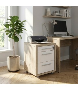 Vista ambientata Cassettiera bassa in legno con 3 cassetti con serratura e ruote colore "rovere bordeaux/bianco laccato" modello Shape Totò Piccinni