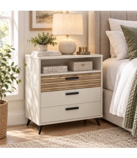 Vista ambientata Cassettiera camera da letto in legno colore "Cannettato/Cashmere" con 3 cassetti 