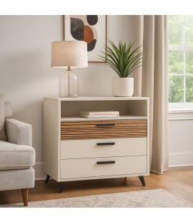 Vista ambientata Cassettiera camera da letto in legno colore "Cannettato/Cashmere" con 3 cassetti 