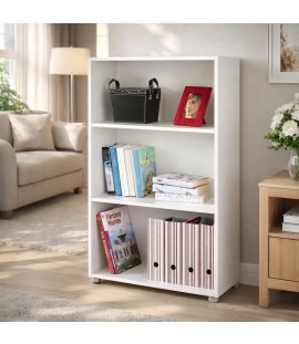 Vista ambientata Libreria in legno bassa con 3 vani colore "bianco" modello Flux Totò Piccinni