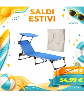 Lettino Kamp Pieghevole in Alluminio con Cuscino, Tettuccio e Borsa Zaino (Blu)