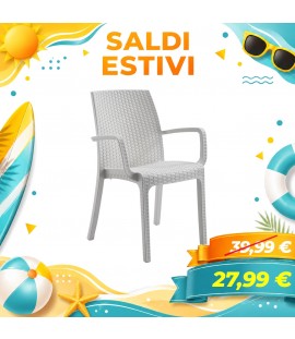 Sedia da esterno INDIANA, con Braccioli, in Resina Simil Rattan, Impilabile (Bianco)