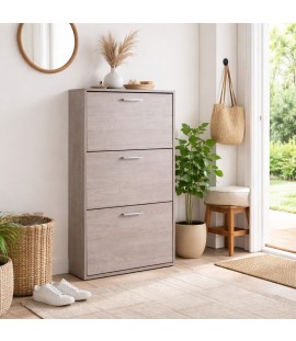 Vista ambientata scarpiera in legno con 3 ante colore "rovere gessato" modello Flux Totò Piccinni