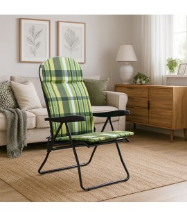 Vista ambientata Poltrona sedia sdraio con prolunga poggiapiedi colore "Struttura Nero - Scozzese Verde/Giallo" modello Giulia Totò Piccinni Made in Italy