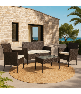 Set Praga | Salottino in PolyRattan con Cuscini (Marrone)