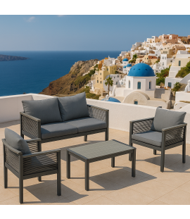 Set da giardino in alluminio e corda con cuscini - MYKONOS (Grigio Piano in Polywood)