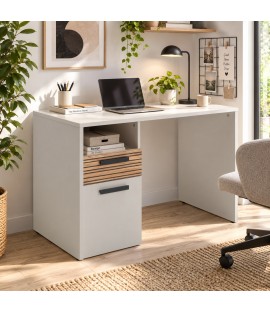 Vista ambientata Scrivania da ufficio in legno colore "Cannettato/Cashmere" con 1 vano e 1 anta modello Zefiro Totò Piccinni