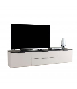 Vista diagonale Base Tv in legno colore "Cashmere/Effetto Marmo Nero" con 2 ante e 2 cassetti modello Teca Totò Piccinni