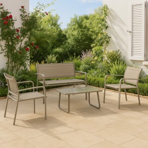 Vista ambientata Set da giardino in metallo e textilene colore Tortora modello Arent Totò Piccinni