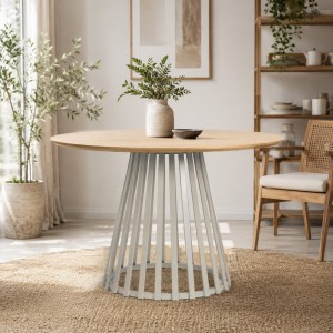 Vista ambientata Tavolo moderno in legno rotondo colore "Grey/Naturale" modello Cillian Totò Piccinni