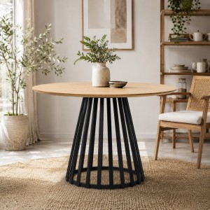 Vista ambientata Tavolo moderno in legno rotondo colore "Nero/Naturale" modello Cillian Totò Piccinni
