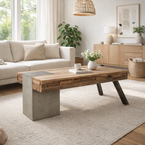 Vista ambientata Tavolino salotto in legno 118x70 con gambe in acciaio modello Manchester Bizzotto