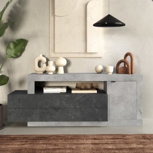 Vista ambientata Madia in legno colore "Piombo/Cemento" 1 anta e 2 cassetti made in italy modello Nidus Totò Piccinni