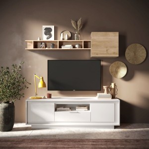 Vista ambientata mobile porta tv in legno con 2 ante, 1 cassetto e 1 vano colore "bianco opaco" modello Avalon Totò Piccinni