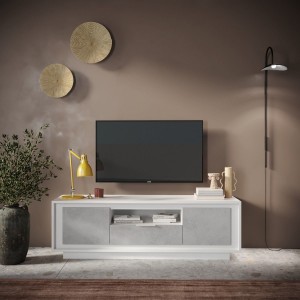 Vista ambientata mobile porta tv in legno con 2 ante, 1 cassetto e 1 vano colore "bianco opaco/cashmere" modello Avalon Totò Piccinni