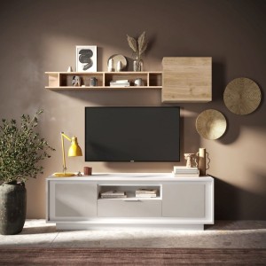 Vista ambientata mobile porta tv in legno con 2 ante, 1 cassetto e 1 vano colore "bianco opaco/cashmere" modello Avalon Totò Piccinni