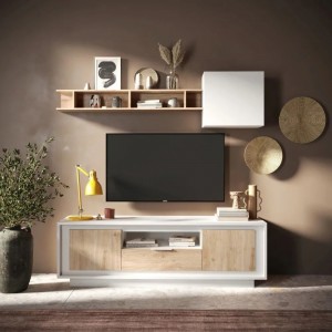 Vista ambientata mobile porta tv in legno con 2 ante, 1 cassetto e 1 vano colore "bianco opaco/rovere cadiz" modello Avalon Totò Piccinni