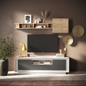 Vista ambientata mobile porta tv in legno con 2 ante, 1 cassetto e 1 vano colore "bianco opaco/lava" modello Avalon Totò Piccinni