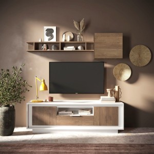 Vista ambientata mobile porta tv in legno con 2 ante, 1 cassetto e 1 vano colore "bianco opaco/rovere mercure" modello Avalon Totò Piccinni