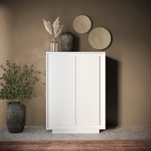 Vista ambientata mobile contenitore in legno colore "bianco opaco" con 2 ante made in italy modello Avalon Totò Piccinni