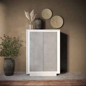 Vista ambientata mobile contenitore in legno colore "bianco opaco/cemento" con 2 ante made in italy modello Avalon Totò Piccinni