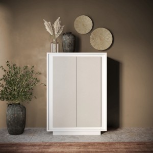 Vista ambientata mobile contenitore in legno colore "bianco opaco/cashmere" con 2 ante made in italy modello Avalon Totò Piccinni