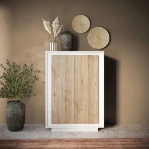 Vista ambientata mobile contenitore in legno colore "bianco opaco/rovere cadiz" con 2 ante made in italy modello Avalon Totò Piccinni