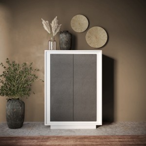 Vista ambientata mobile contenitore in legno colore "bianco opaco/lava" con 2 ante made in italy modello Avalon Totò Piccinni