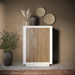 Vista ambientata mobile contenitore in legno colore "bianco opaco/rovere mercure" con 2 ante made in italy modello Avalon Totò Piccinni