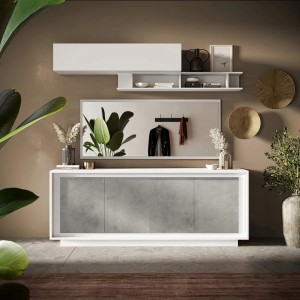 Vista ambientata Madia in legno con 4 ante colore "bianco opaco - cemento" modello Avalon Totò Piccinni Made in Italy