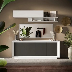 Vista ambientata Madia in legno con 4 ante colore "bianco opaco/lava" modello Avalon Totò Piccinni Made in Italy