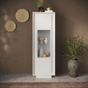 Vista ambientata Vetrina in legno con 1 anta con vetro colore "bianco opaco" made in italy modello Avalon Totò Piccinni
