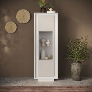 Vista ambientata Vetrina in legno con 1 anta con vetro colore "bianco opaco/cashmere" made in italy modello Avalon Totò Piccinni