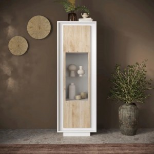 Vista ambientata Vetrina in legno con 1 anta con vetro colore "bianco opaco/rovere cadiz" made in italy modello Avalon Totò Piccinni