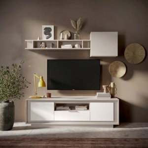 Vista ambientata mobile porta tv in legno con 2 ante, 1 cassetto e 1 vano colore "cashmere/bianco opaco" modello Avalon Totò Piccinni