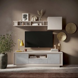 Vista ambientata mobile porta tv in legno con 2 ante, 1 cassetto e 1 vano colore "cashmere/cemento" modello Avalon Totò Piccinni