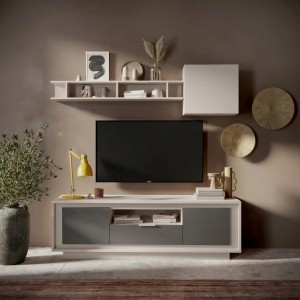 Vista ambientata mobile porta tv in legno con 2 ante, 1 cassetto e 1 vano colore "cashmere/lava" modello Avalon Totò Piccinni