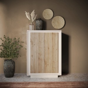 Vista ambientata mobile contenitore in legno colore "cashmere/rovere cadiz" con 2 ante made in italy modello Avalon Totò Piccinni