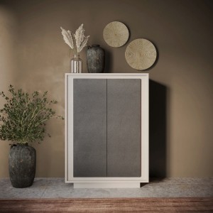 Vista ambientata mobile contenitore in legno colore "cashmere/lava" con 2 ante made in italy modello Avalon Totò Piccinni