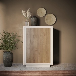 Vista ambientata mobile contenitore in legno colore "cashmere/rovere mercure" con 2 ante made in italy modello Avalon Totò Piccinni