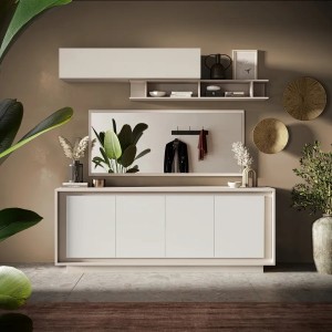 Vista ambientata Madia in legno con 4 ante colore "cashmere/bianco opaco" modello Avalon Totò Piccinni Made in Italy