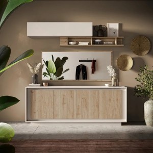Vista ambientata Madia in legno con 4 ante colore "cashmere/rovere cadiz" modello Avalon Totò Piccinni Made in Italy