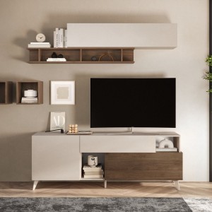 Vista ambientata frontale Porta TV colore "Cashmere/Rovere Mercure" 1 anta 1 cassetto 1 ribalta 2 vani made in italy modello Clou Totò Piccinni