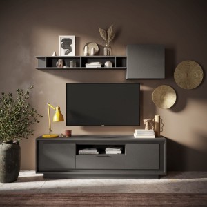 Vista ambientata mobile porta tv in legno con 2 ante, 1 cassetto e 1 vano colore "lava" modello Avalon Totò Piccinni